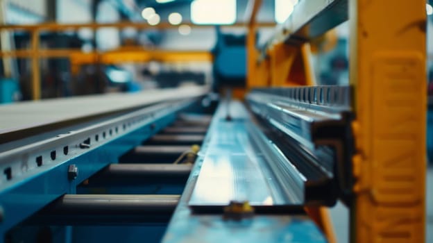 A conveyor belt in a factory, colored blue, is shown moving products along the production line. The machinery is in operation, with various items being transported efficiently within the industrial setting.