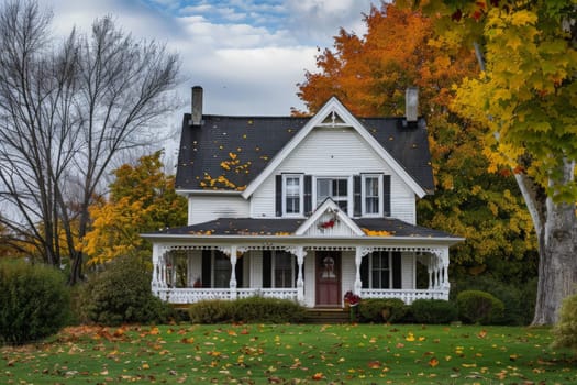 A charming white house with a sleek black roof stands among a lush forest of trees, creating a picturesque and serene setting.