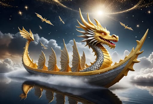 AI generated of golden dragon boat floating in the water with stars and clouds