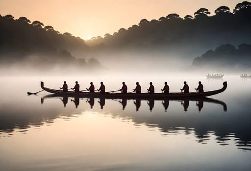 AI generated a group of people rowing a dragon boat on a lake with the sun setting behind them