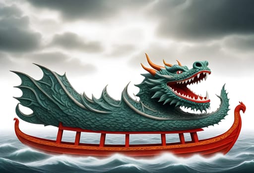 AI generated of a dragon boat with a stormy sky and dramatic ocean