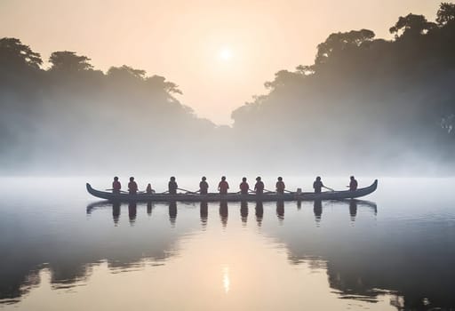 AI generated a group of people are rowing a boat on a lake