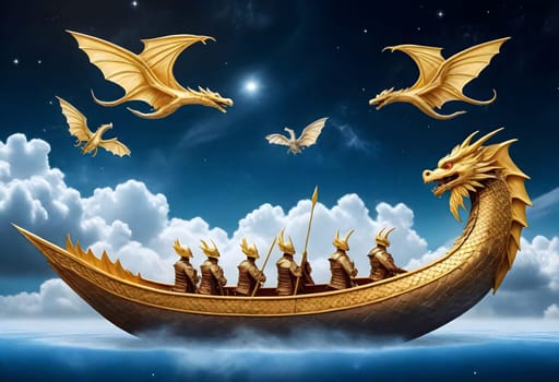 AI generated of golden dragon boat with flying dragons in the sky