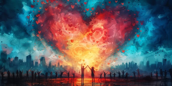 Volenteer and humanitarian help concept, charity and friendship, support teamwork, people reach their hand to colorful hearts in the sky