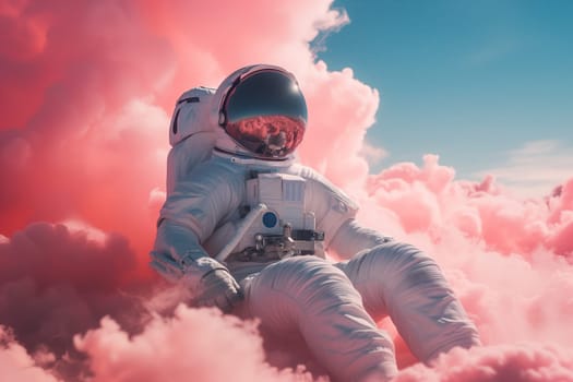 Astronaut wearing a spacesuit surrounded by clouds, travel to a new galaxy, planet earth from the space, exploration of the cosmos, walking on a planet
