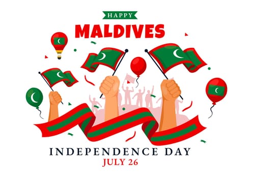 Happy Maldives Independence Day Vector Illustration on 26 July with Maldivian Wavy Flag and Ribbon in Flat Cartoon Background Design