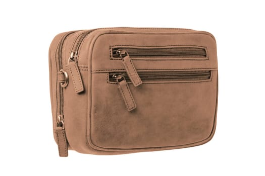 Leather handbag isolated. Close-up of brown businessman luxury leather wrist handbag. Clipping Path. Fashionable brown leather briefcase or bag for men.