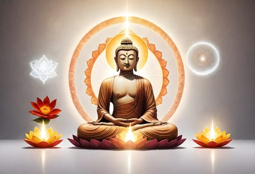 AI generated of a poster with buddha statue with lotus flowers and light