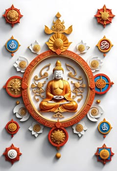 AI generated of buddha statue in the middle of a circle of decorative objects