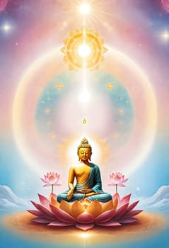 AI generated of a poster with a buddha statue surrounded by glowing lights in ethereal atmoshphere