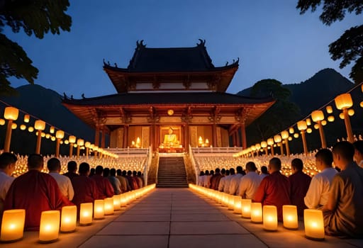 AI generated of a group of people sitting in front of a temple with candles