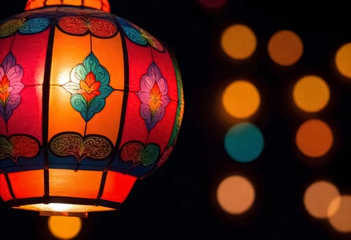 AI generated of a red and yellow lamp with a purple flower on it lit in the dark