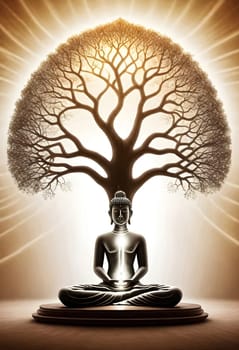 AI generated of a buddha statue sitting under a bodhi tree with rays coming from it