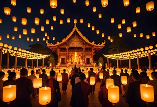 AI generated of a group of people are standing in front of a temple with paper lanterns