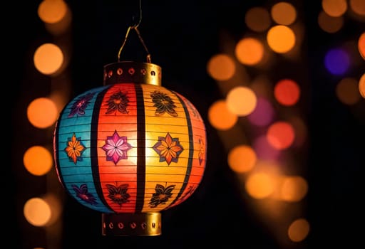 AI generated of a colorful lantern hanging from a tree with colorful bokeh on dark background