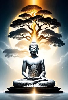 AI generated of a poster for vesak day with buddha statue, bodhi tree and sun in the background