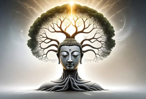 AI generated of a bodhi tree with the head of a buddha in the shape of a human head