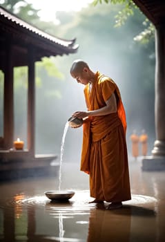 AI generated of a monk is standing and performing pouring water ceremony on vesak day into a bowl