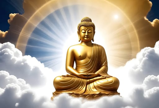 AI generated of a picture of a golden buddha statue in the clouds with the sun rays behind him
