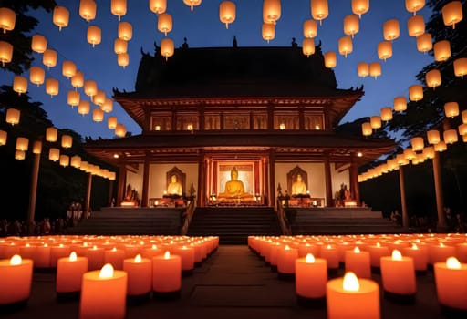 AI generated of candles are lit in front of a temple at night