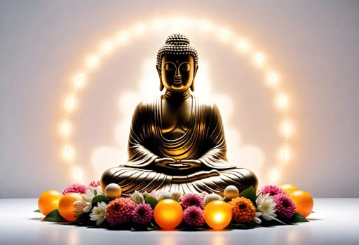 AI generated of a buddha statue with a light behind it and orange flowers in front