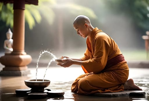 AI generated of a monk is sitting on a temple floor and performing a traditional water pouring ceremony
