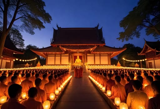 AI generated of a large group of monks are sitting in front of a temple