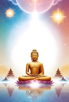 AI generated of a poster with a buddha statue surrounded by glowing lights in ethereal atmoshphere