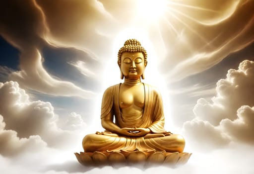 AI generated of a golden buddha statue is sitting in the clouds with sun shining from the sky