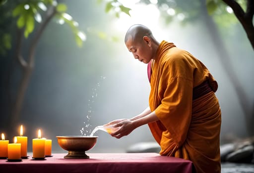 AI generated of a monk is performing pouring water ceremony on vesak day into a bowl