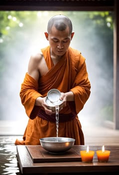 AI generated of a monk is performing pouring water ceremony on vesak day into a bowl on the table