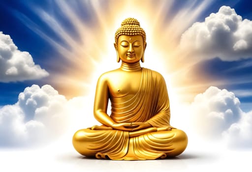 AI generated of a golden buddha statue with the sun shining behind him and clouds
