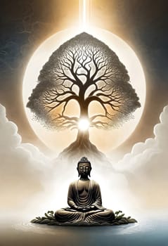 AI generated of a buddha statue with a bodhi tree in the background