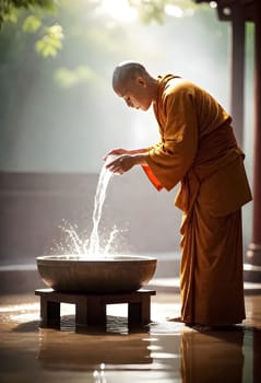 AI generated of a buddhist monk performing pouring water ceremony on vesak day into a bowl in temple