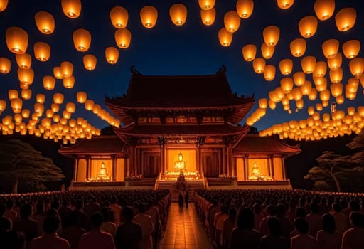 AI generated of a large crowd of people are standing in front of a building with lanterns hanging from the ceiling