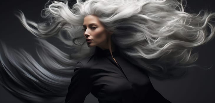 Dramatic image of a woman with swirling silver hair and a gaze that captivates.