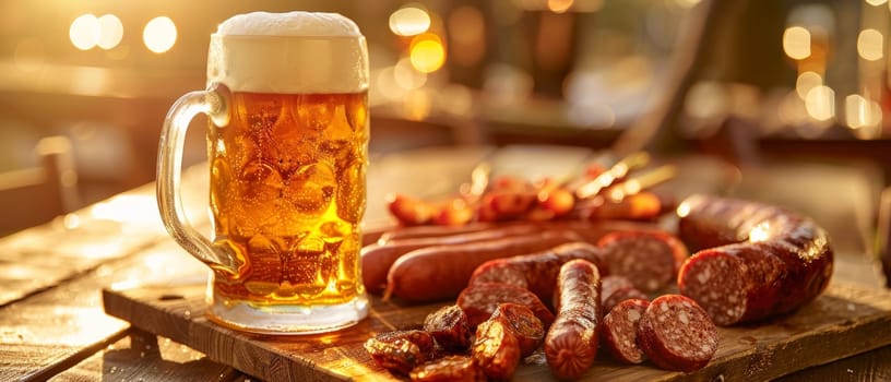 An inviting mug of beer with a rich amber color, surrounded by a selection of savory smoked sausages, in a warm sunset setting