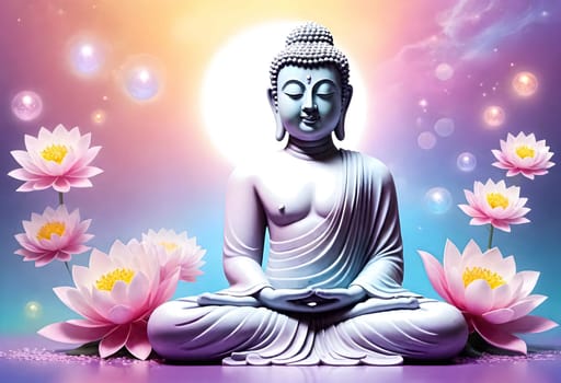 AI generated of a buddha statue with flowers and a sun behind him