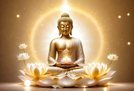 AI generated of buddha statue with lotus flowers and glowing light orbs