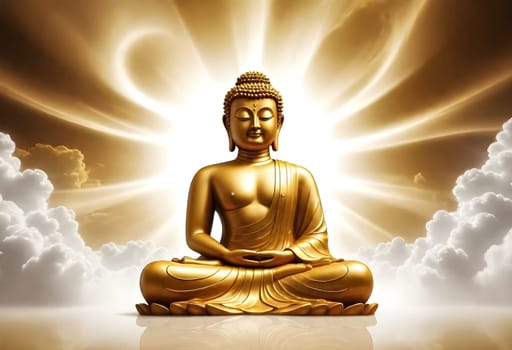 AI generated of a golden buddha statue in the clouds with the swirlings sun rays behind it