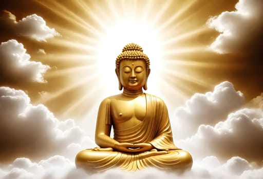 AI generated of a golden buddha statue in the clouds with the sun shining behind him