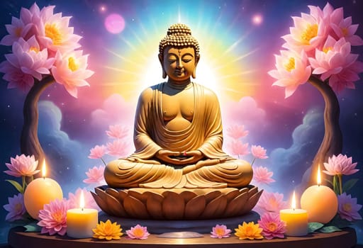 AI generated of buddha statue with candles and flowers in front of a bright sun