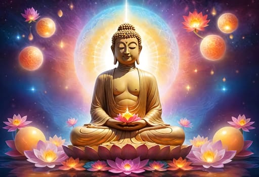 AI generated of buddha statue with lotus flowers and glowing light orbs
