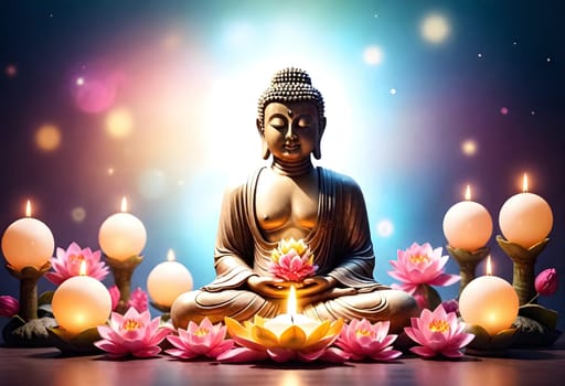 AI generated of buddha statue surrounded by candles and lotus flowers with glowing light orbs