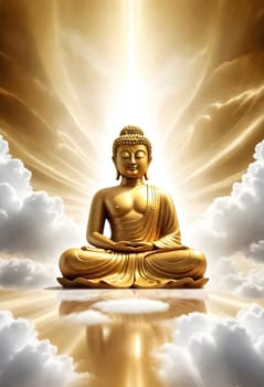 AI generated of golden buddha statue in the clouds with rays of light