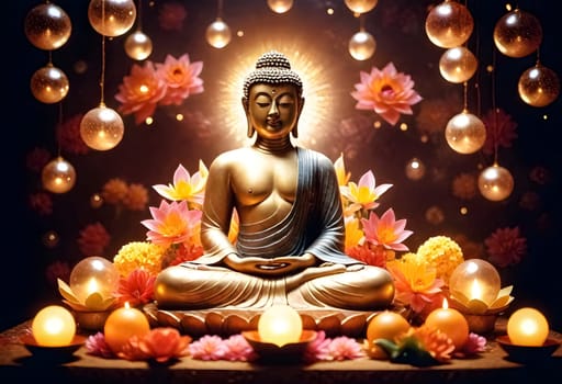 AI generated of buddha statue with candles and flowers in front of a dark background with glowing light orbs