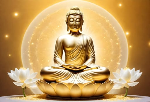 AI generated of buddha statue with lotus flowers and gold background