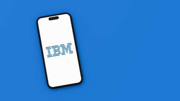 IBM Logo on Mobile Phone Screen on Flat Blue Background with Copy Space 3D Render Illustration, Top View