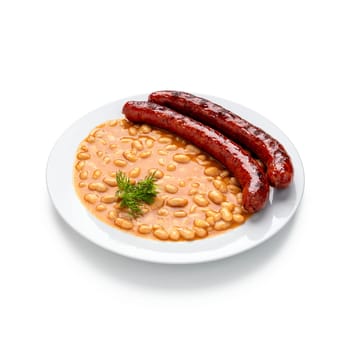 Indulge in the rustic charm of a hearty bean stew with succulent sausages, served elegantly on a pristine white plate. This comforting dish brings warmth and flavor to any dining experience