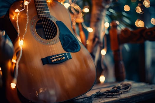 A guitar rests peacefully on a rustic wooden table, inviting thoughts of music and creativity.